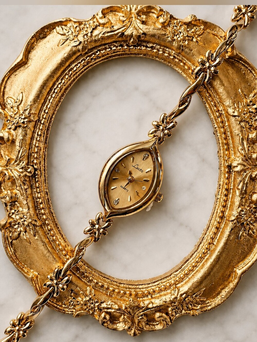 Dainty Gold Floral Marquise Watch